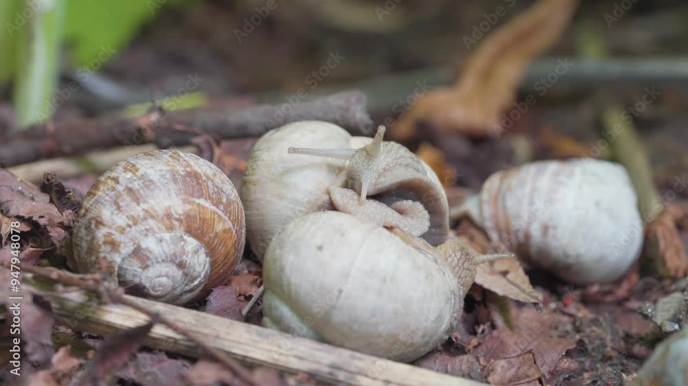 Close Up View Of Helix Pomatia Snail Mating On Dried Leaves. zoom out shot Close Up View Of Helix Pomatia Snail Mating On Dried Leaves. zoom out shot