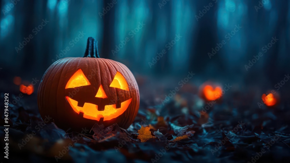 Spooky Halloween pumpkin with glowing face in a dark, eerie forest setting. Other illuminated pumpkins can be seen in the background. Spooky Halloween pumpkin with glowing face in a dark, eerie forest setting. Other illuminated pumpkins can be seen in the background.