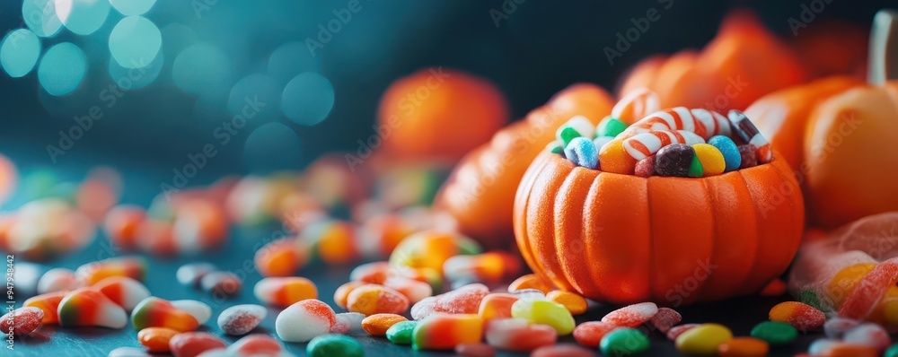 Fototapeta premium Colorful Halloween candy in a decorative pumpkin against a festive background, perfect for spooky holiday celebrations and treats.