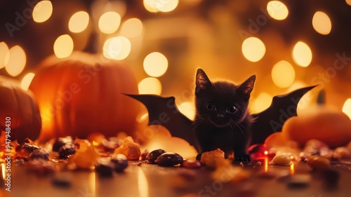 Adorable black kitten dressed as a bat, surrounded by pumpkins and autumn leaves, with a bokeh background perfect for Halloween themes.