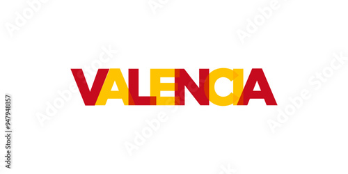 Valencia in the Spain emblem. The design features a geometric style, vector illustration with bold typography in a modern font. The graphic slogan lettering.