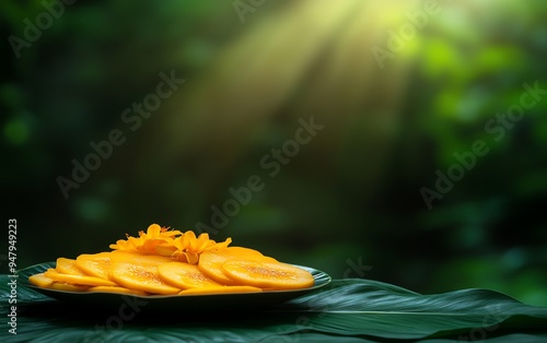 Bright yellow slices of marang fruit arranged on a leaf platter, with a few scattered flowers for an elegant touch photo