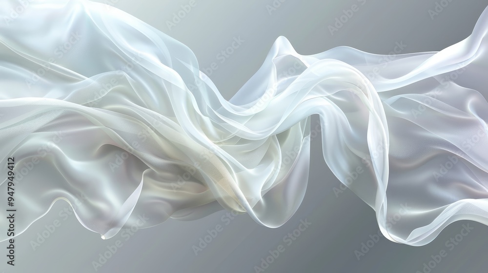 Flowing White Sheer Fabric on Gray, Abstract Background of Light and Soft Cloth with Copy Space Flowing White Sheer Fabric on Gray, Abstract Background of Light and Soft Cloth with Copy Space