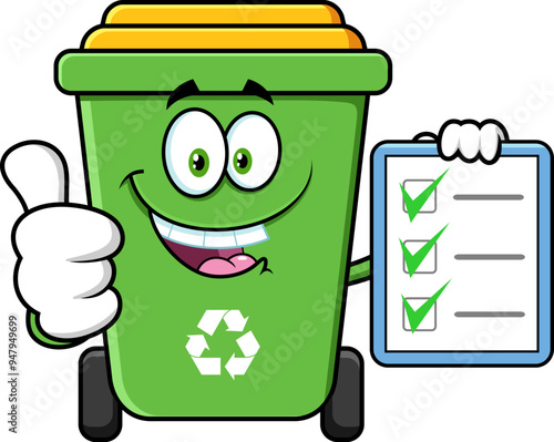Green Recycle Trash Bin Cartoon Character Giving The Thumbs Up And Holding A Clipboard. Vector Hand Drawn Illustration Isolated On Transparent Background
