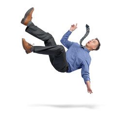 Situation, man in office clothes and tie falls down isolated on transparent background png. The concept of falling