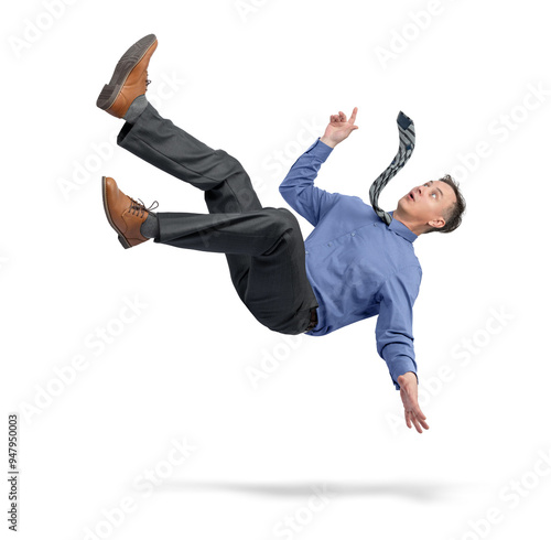 Situation, man in office clothes and tie falls down isolated on transparent background png. The concept of falling