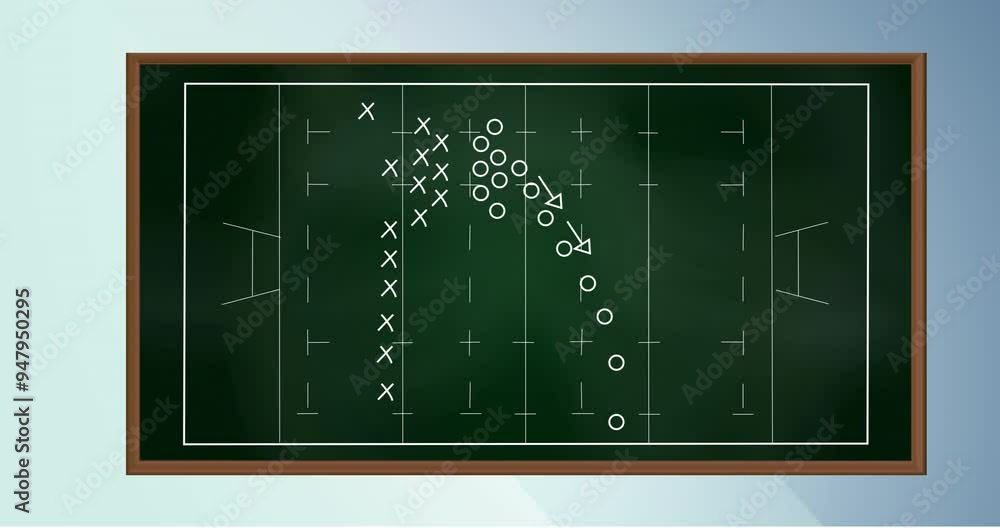Football strategy animation on chalkboard with player positions and movement arrows Football strategy animation on chalkboard with player positions and movement arrows