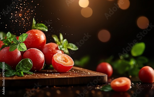 Fresh mabolo fruits, some whole and some sliced to show the juicy interior, arranged on a dark wooden surface with soft, warm lighting photo