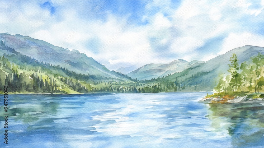 Fototapeta premium Watercolor Painting of Mountains and Lake