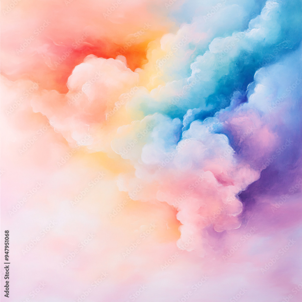 Fototapeta premium A colorful painting of a cloud with a rainbow in it. The painting is full of vibrant colors and has a dreamy, whimsical feel to it