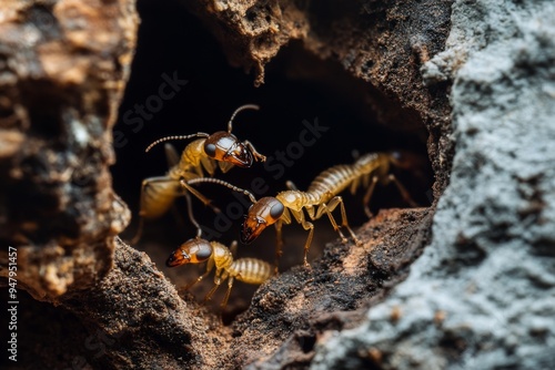 Close-Up of Termites Navigating Tunnels in Decayed Wood with Colony Details and Copy Space
