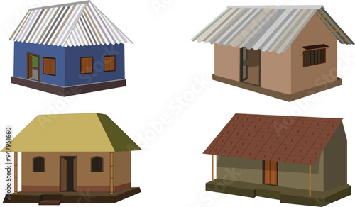 Indian style village house collection, hut collection for cartoon animation, tin shade house, mud house, cottage with thatched roof vector illustration	