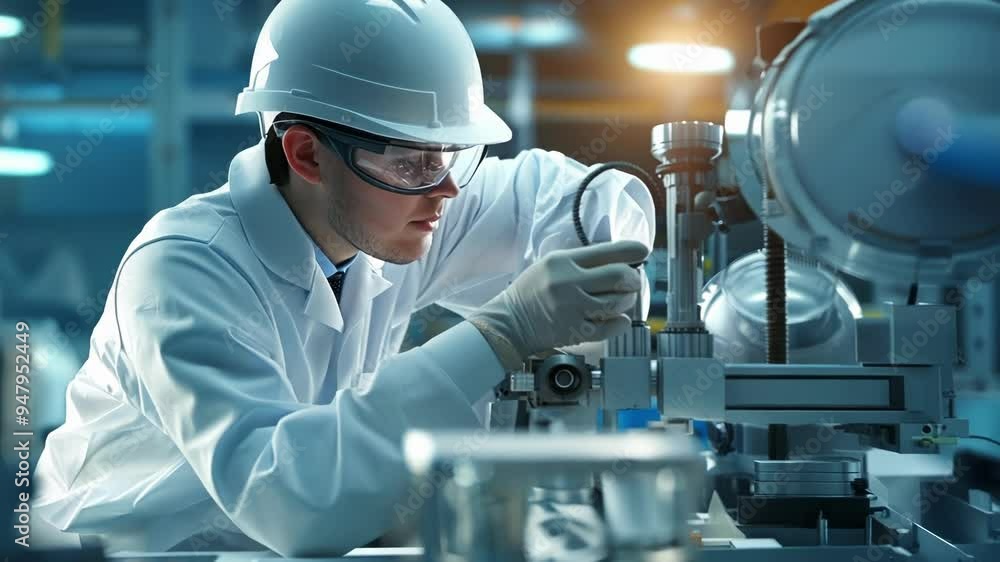 Scientist wearing a lab coat, safety glasses, and a hard hat is adjusting machinery in a high tech industrial laboratory. The image suggests a focus on innovation and advanced technology Scientist wearing a lab coat, safety glasses, and a hard hat is adjusting machinery in a high tech industrial laboratory. The image suggests a focus on innovation and advanced technology
