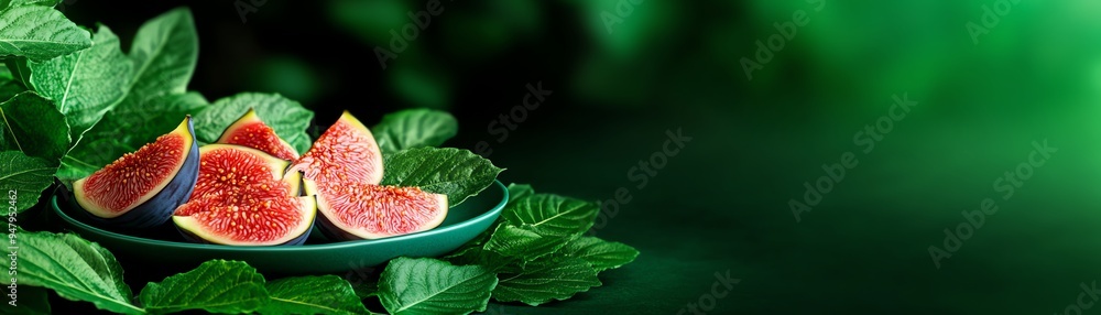 Sliced figs creating a vibrant display on a ceramic plate, with a backdrop of a Mediterranean garden Sliced figs creating a vibrant display on a ceramic plate, with a backdrop of a Mediterranean garden