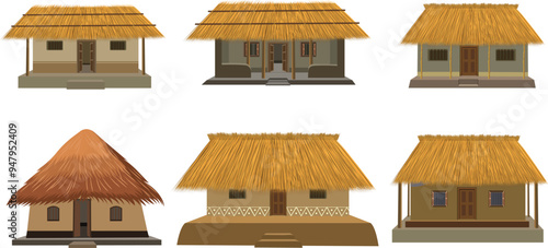 set of  straw roof hut vector design. Collection of mud cottage house with tatched hay roof