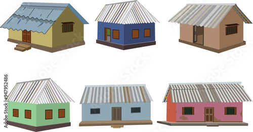 set of Indian village hut with tin shade roof   vector design. Collection of rural house icon isolated on white background