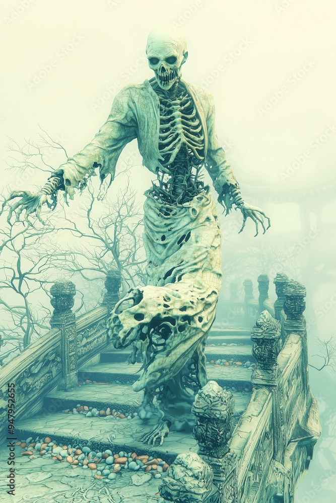 Fototapeta premium Zombie Practicing Tai Chi in Serene Chinese Garden