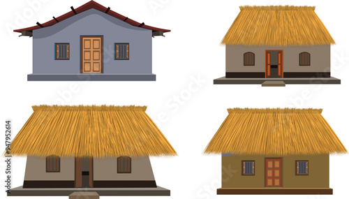 African style traditional cottage house collection, Village hut with thatched roof vector illustration