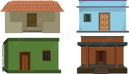 Indian village house set . Collection of asian rural hut.cottage icon clip art isolated on white background