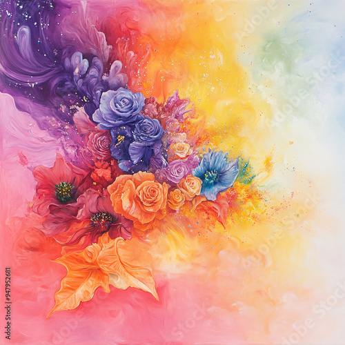 Wallpaper Mural A painting of a flower bouquet with a rainbow background. The painting is full of bright colors and has a cheerful, uplifting mood Torontodigital.ca