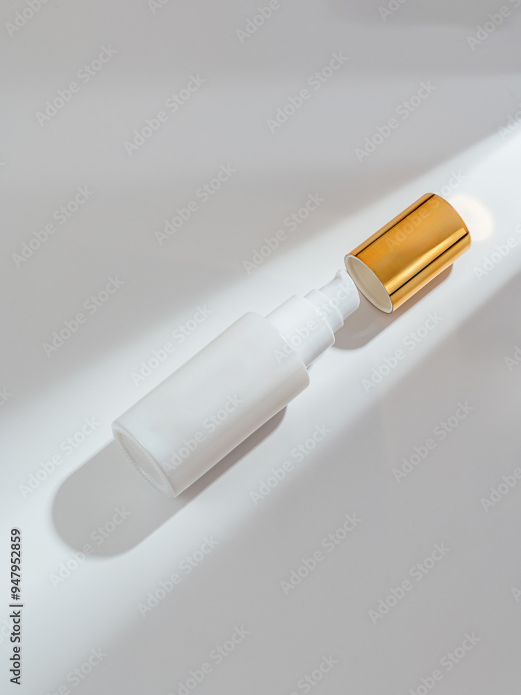 Cosmetic bottle with a gold lid on a white background with a sha Cosmetic bottle with a gold lid on a white background with a sha