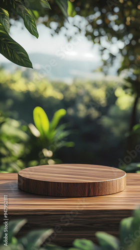 Wooden platform green leaves background