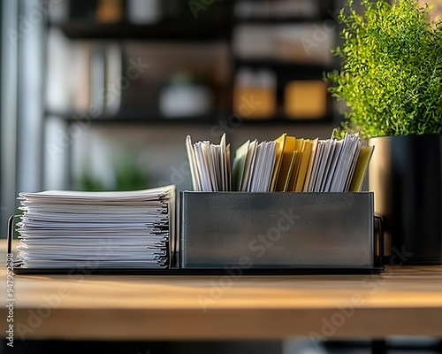 Document tray with papers on an office desk, keeping documents organized photo