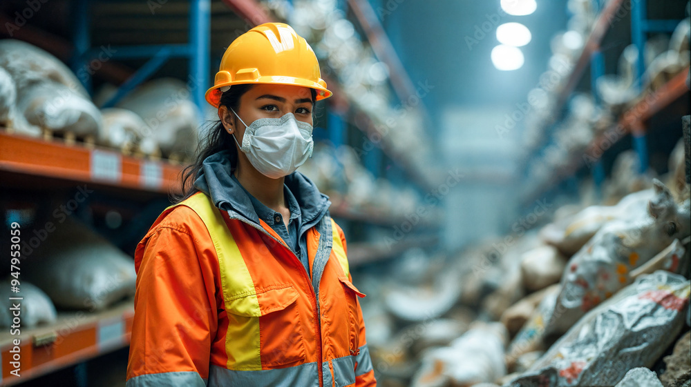 A worker in an orange safety jacket and white hard hat carefully oversees garbage collection in a waste processing facility. The area is filled with piles of debris and recycling materials. A worker in an orange safety jacket and white hard hat carefully oversees garbage collection in a waste processing facility. The area is filled with piles of debris and recycling materials.