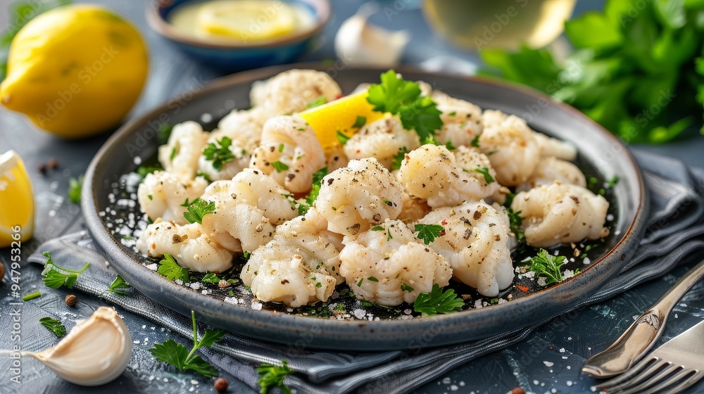 Freshly Cooked Calamari with Lemon and Herbs, Appetizing Seafood Dish on a Rustic Table Setting Freshly Cooked Calamari with Lemon and Herbs, Appetizing Seafood Dish on a Rustic Table Setting