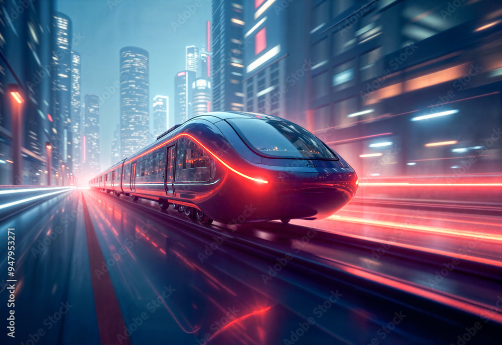 Sleek high-speed train races past modern skyscrapers during sunset, casting vibrant light trails the tracks in bustling urban environment. The warm colors enhance the dynamic atmosphere of city life Sleek high-speed train races past modern skyscrapers during sunset, casting vibrant light trails the tracks in bustling urban environment. The warm colors enhance the dynamic atmosphere of city life