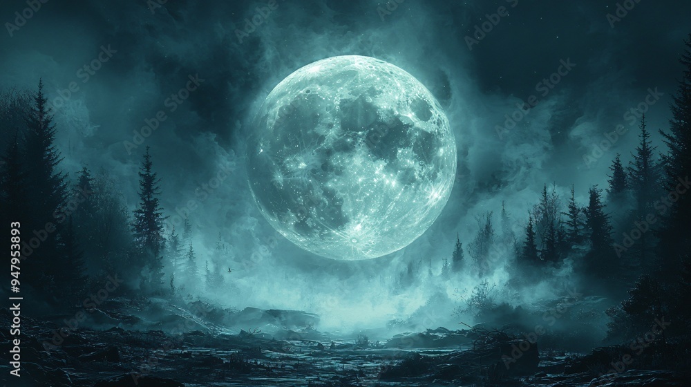 A haunting landscape featuring a large full moon illuminating an eerie forest, perfect for Halloween-themed designs, with copy space. A haunting landscape featuring a large full moon illuminating an eerie forest, perfect for Halloween-themed designs, with copy space.