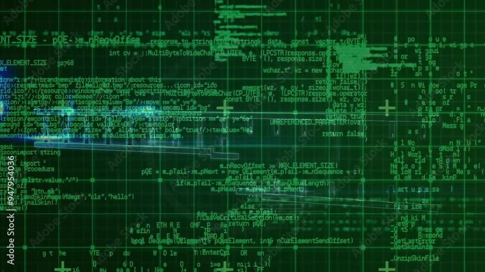 DNA strand and scientific data processing animation over green grid background DNA strand and scientific data processing animation over green grid background