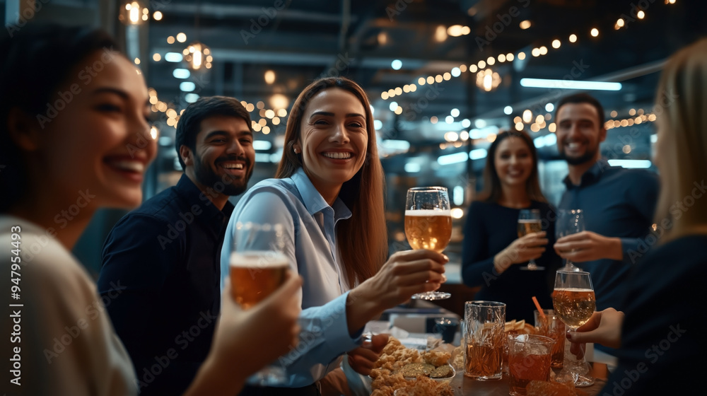 Group of friends enjoying a night out at a bar, holding drinks and smiling. The setting is festive with string lights and a casual atmosphere. Group of friends enjoying a night out at a bar, holding drinks and smiling. The setting is festive with string lights and a casual atmosphere.