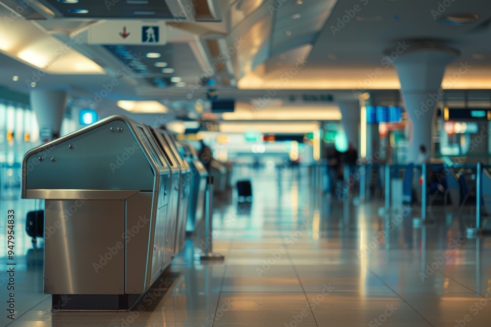 Fototapeta premium Deserted airport terminal with empty check in counters reflecting in shiny floor