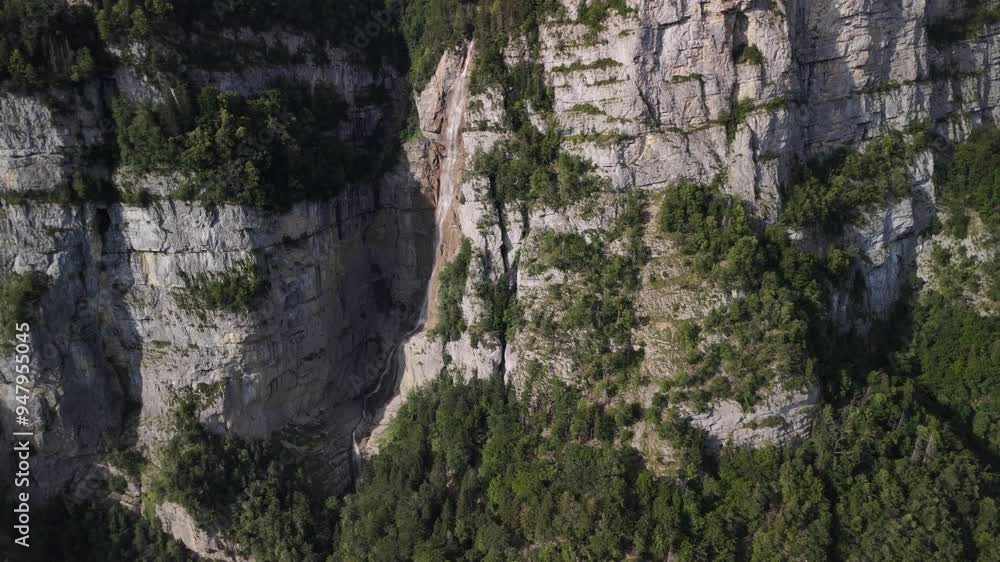 Waterfall Seerenbach Falls, Amden Switzerland Swiss Alps cliff mountain, aerial Waterfall Seerenbach Falls, Amden Switzerland Swiss Alps cliff mountain, aerial