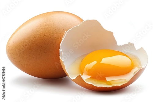 Fresh brown egg cracked open photo