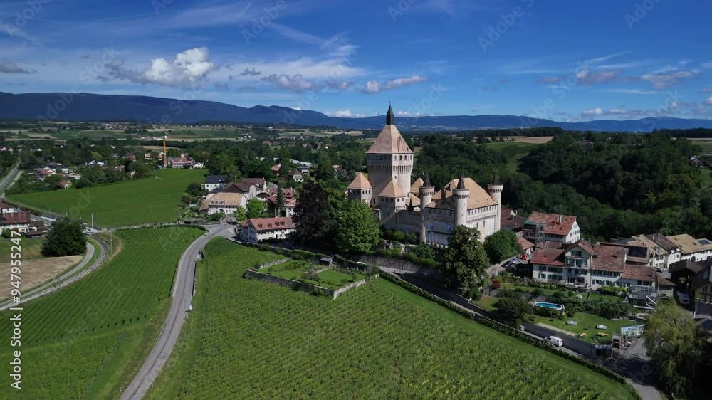Medieval castle in Switzerland Vufflens-le-Château canton of Vaud, aerial drone Medieval castle in Switzerland Vufflens-le-Château canton of Vaud, aerial drone