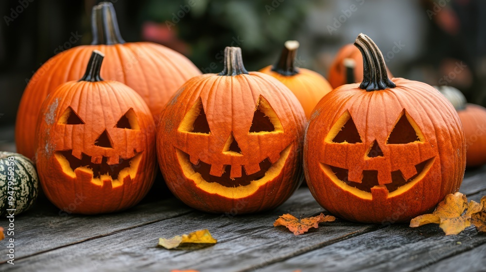 Carved Pumpkins With Jack-O-Lantern Faces on a Wooden Surface Carved Pumpkins With Jack-O-Lantern Faces on a Wooden Surface