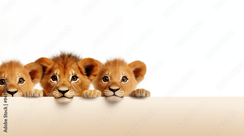 Three Cute Lion Cubs Peeking Over a Blank Sign Three Cute Lion Cubs Peeking Over a Blank Sign