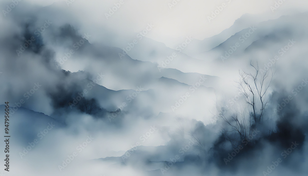 Misty Mountain Landscape with Silhouetted Trees Misty Mountain Landscape with Silhouetted Trees