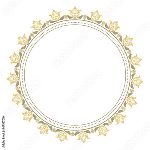 Floral Wreath pattern, Ikat motifs geometric floral, Flower frame vector classical luxury ornament for greeting card, textile, wall art, islamic, Round ornament, color metallic border