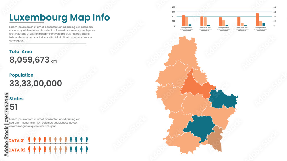 Obraz premium Luxembourg political map of administrative divisions states, Colorful states in Luxembourg map infographic, Luxembourg Map Info, Luxembourg Population.
