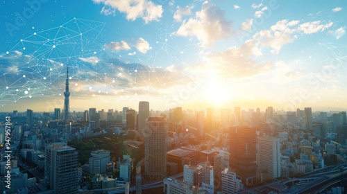 Tokyo Skyline at Sunset with Network Connections