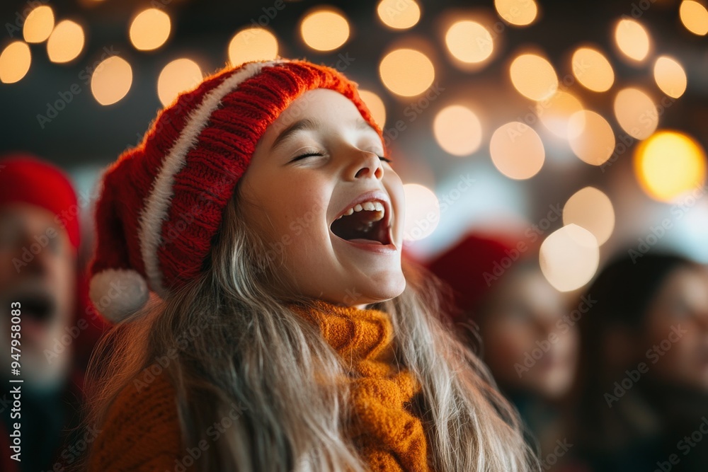 A person wearing a Santa hat stands in a crowd of people, with a background of blurred festive lights, creating a warm and lively Christmas atmosphere full of cheer. A person wearing a Santa hat stands in a crowd of people, with a background of blurred festive lights, creating a warm and lively Christmas atmosphere full of cheer.