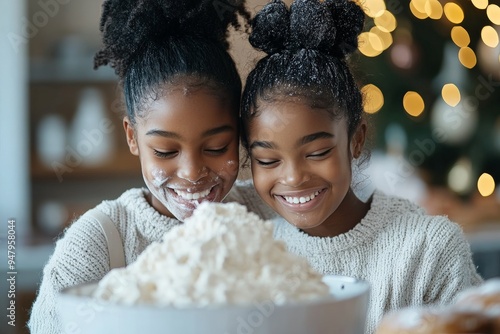 Two girls, with smiles on their faces and flour on their clothes and faces, enjoy baking together in a cozy, festive kitchen, filled with warmth and holiday cheer. photo