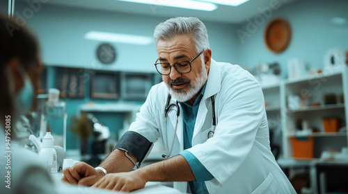 A senior male doctor with glasses and a white coat, leaning over to talk to a patient in a medical office, wearing a stethoscope around his neck.