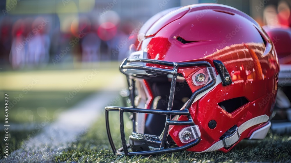 a close-up of a football helmet and gear on the sidelines of a game. a close-up of a football helmet and gear on the sidelines of a game.