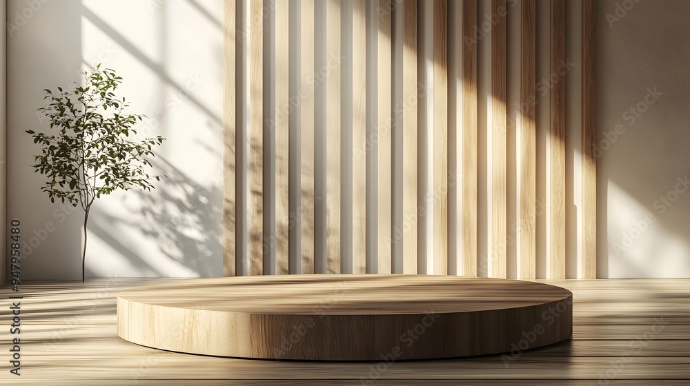 A round podium with a wooden texture, highlighted by natural light, set against a minimalistic background. A round podium with a wooden texture, highlighted by natural light, set against a minimalistic background.