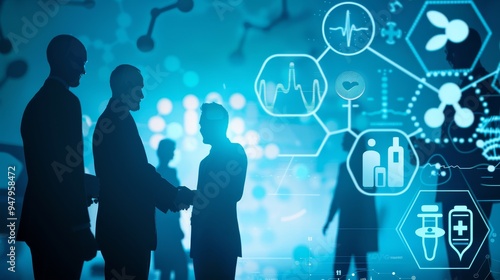 Healthcare Partnership Silhouettes of Business Leaders Shaking Hands with Medical Icons in Industry Collaboration