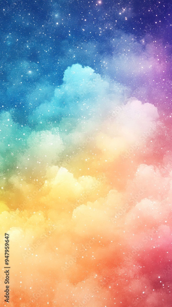 watercolor pastel rainbow sky with stars and clouds, glittery background watercolor pastel rainbow sky with stars and clouds, glittery background